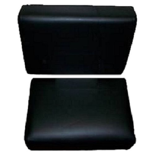 4-piece black vinyl crawler seat cushion set on wood for International, Farmall, and Dresser tractors.