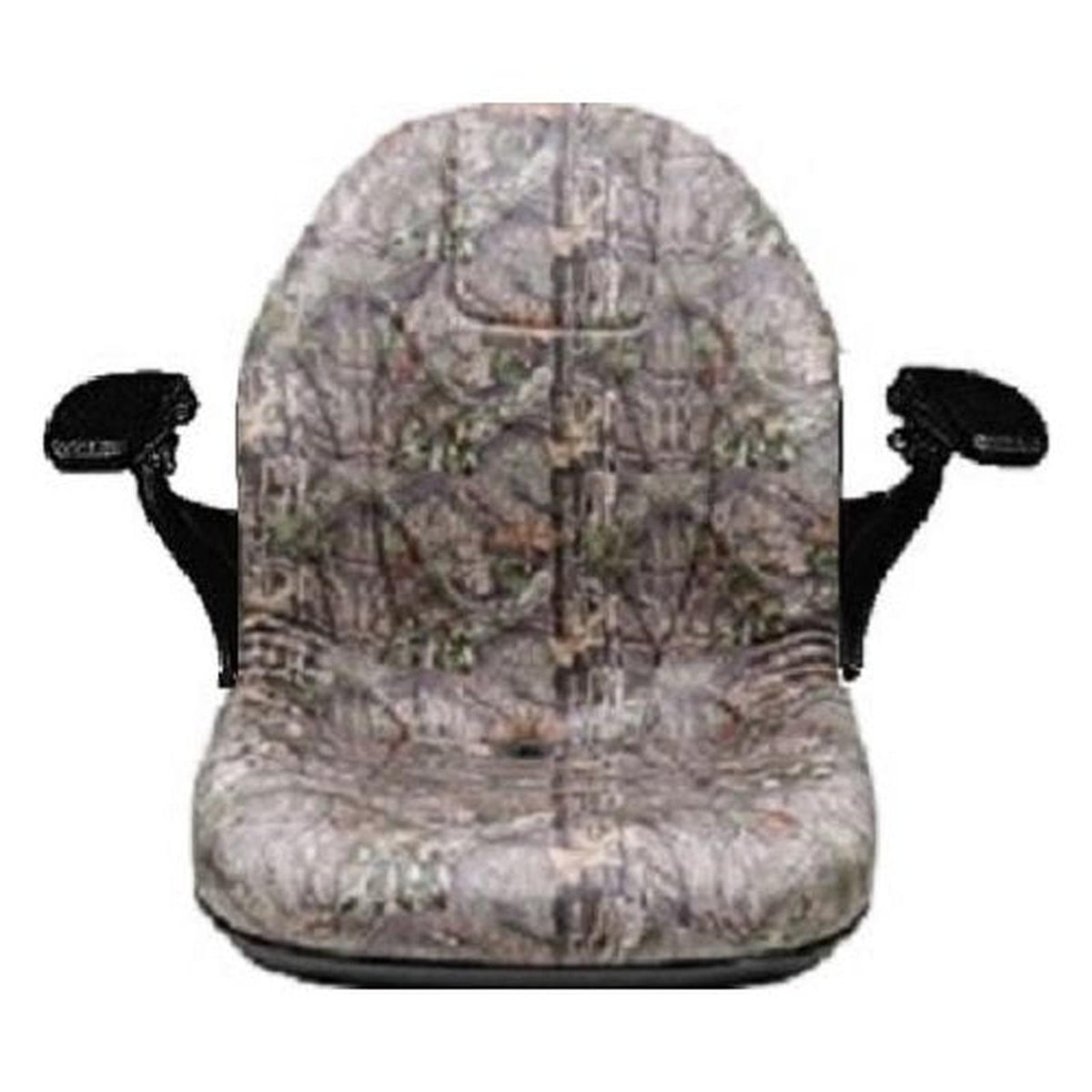 Camo bucket seat for lawn mowers and tractors with black flip-up armrests and contoured back support.