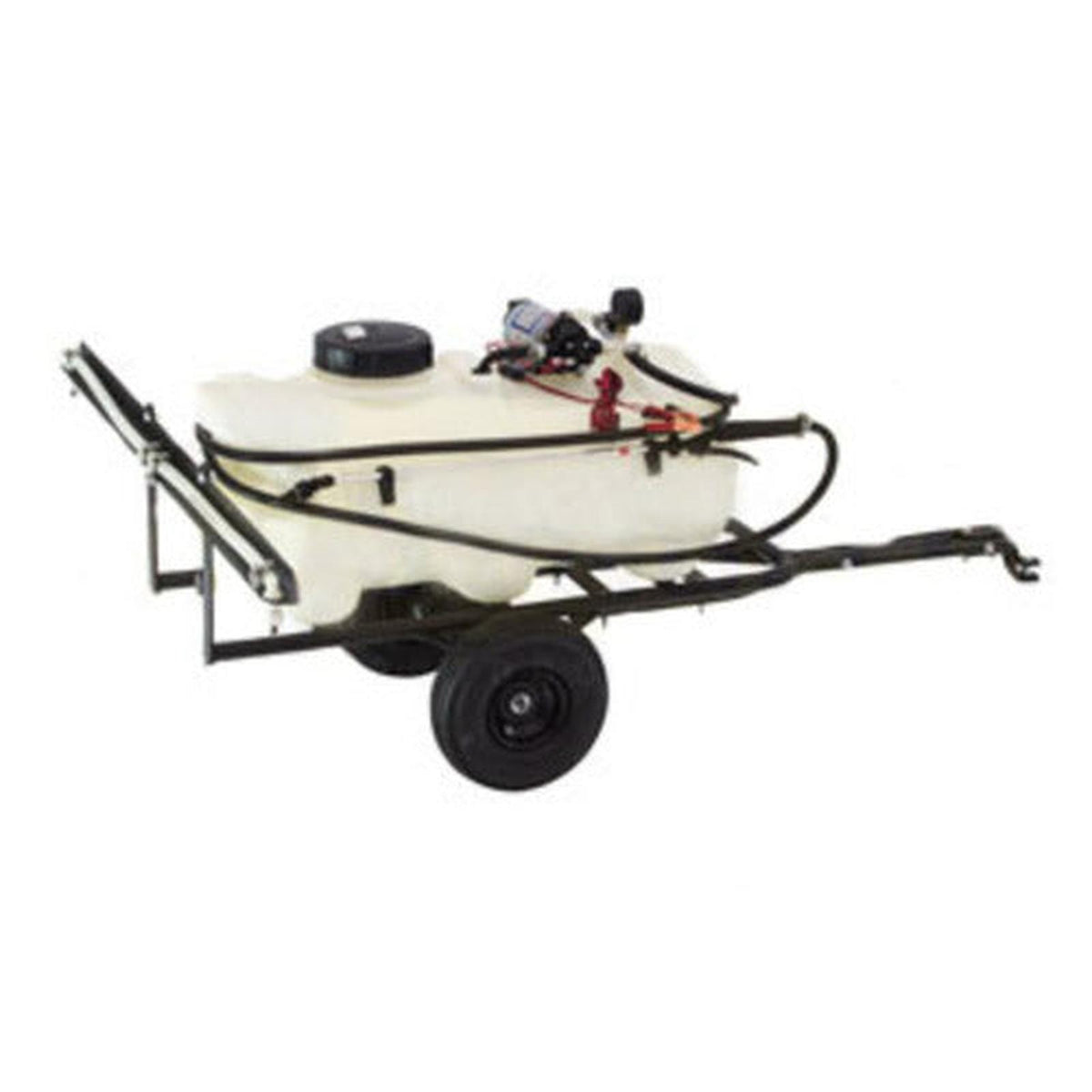 15-gallon tow-behind lawn sprayer with white poly tank, black steel frame, and pneumatic tires on a white background.