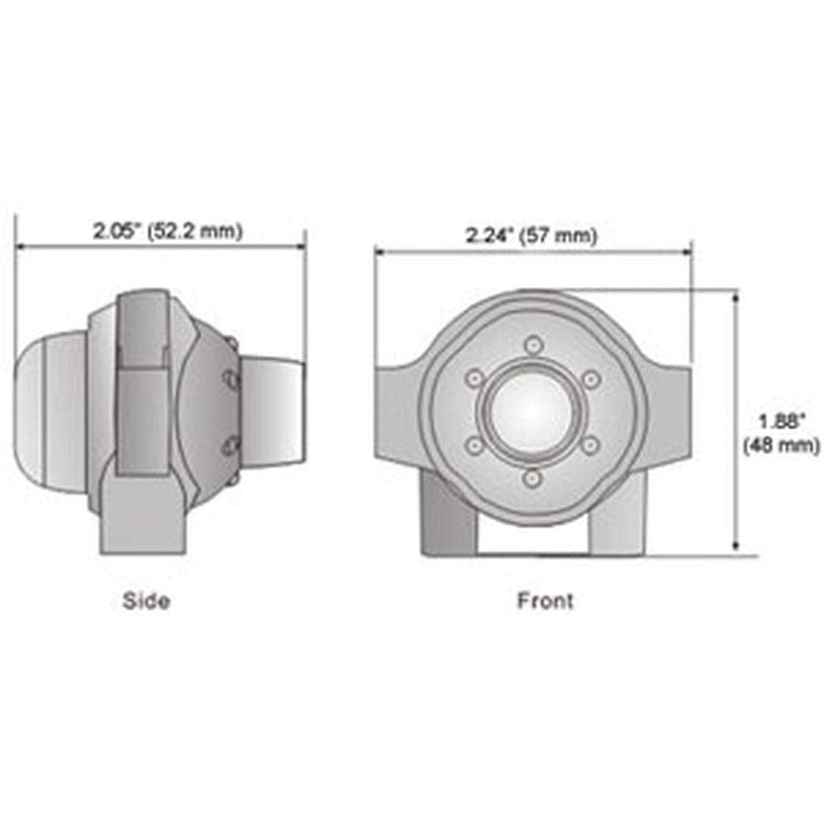 Technical line drawing showing side and front dimensions of a compact, ball-swivel waterproof observation camera.