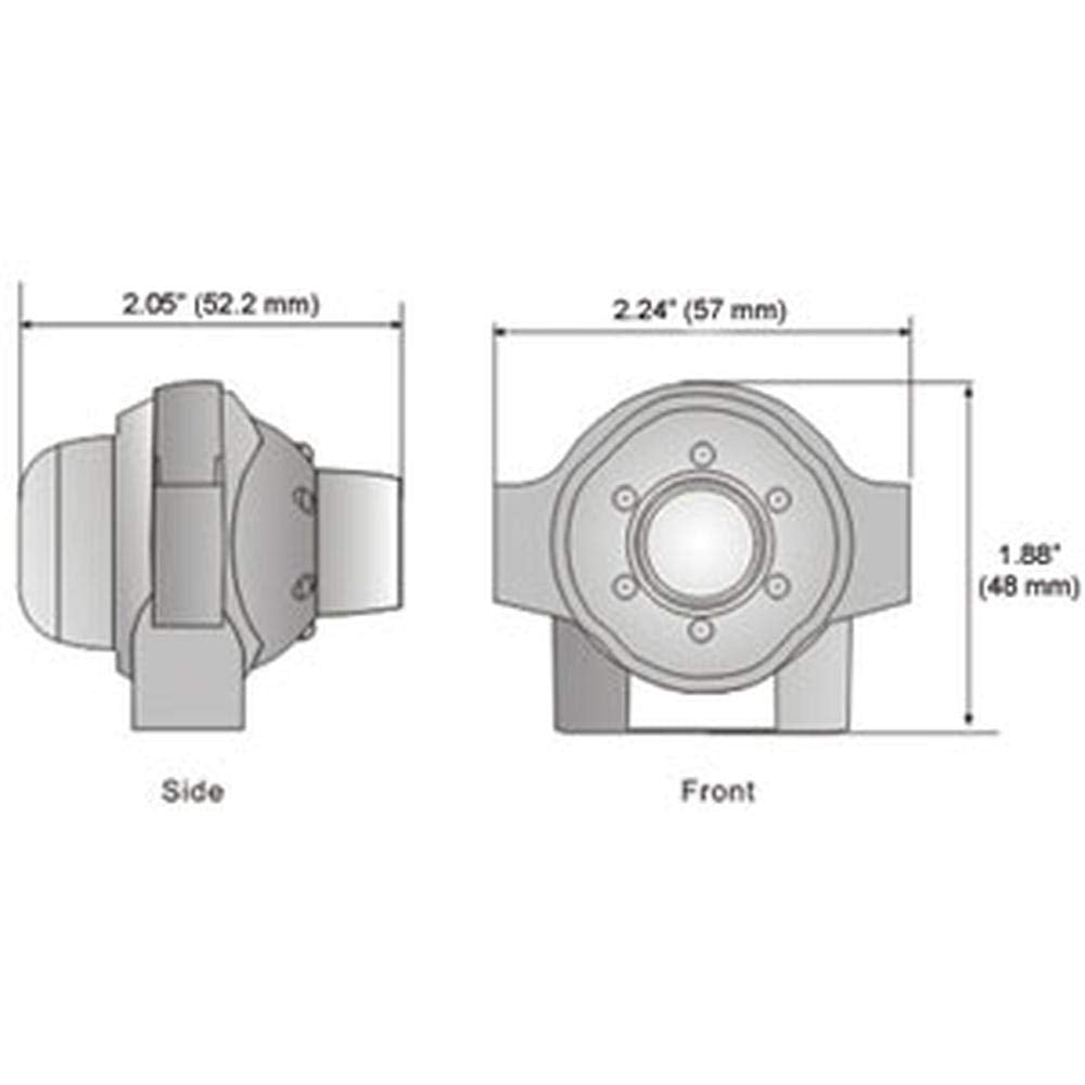 Technical line drawing showing side and front dimensions of a compact, ball-swivel waterproof observation camera.
