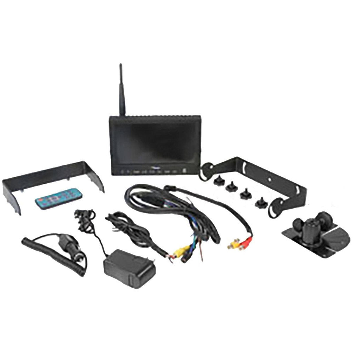 7-inch wireless CabCAM monitor with antenna, remote, mounting brackets, and power cables on white background.