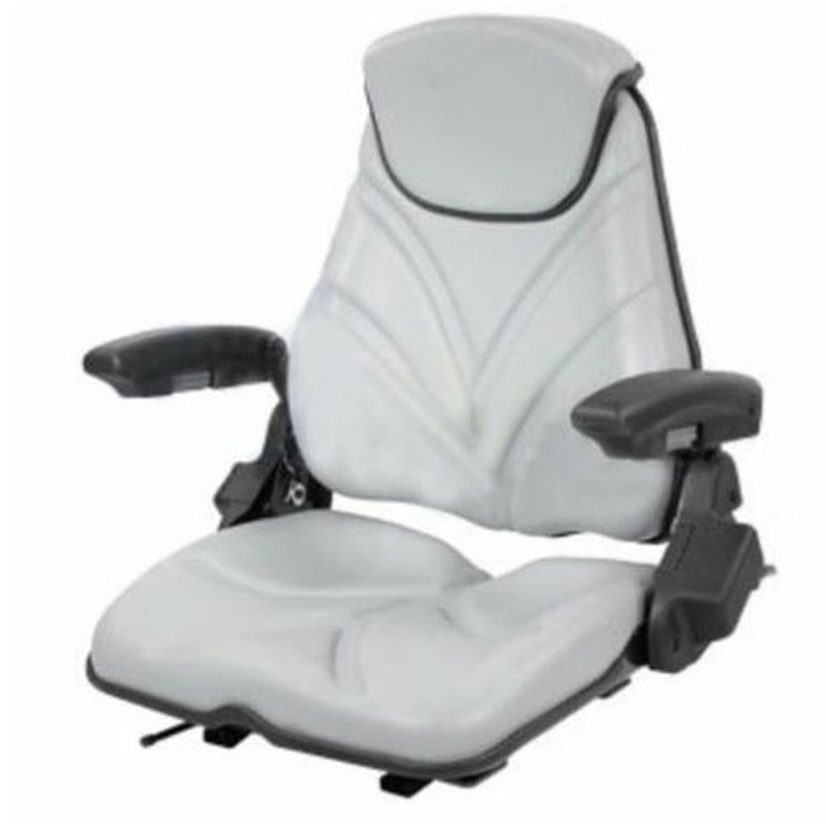 Grey high-back tractor seat with adjustable armrests and slide tracks for heavy-duty construction and lawn equipment.