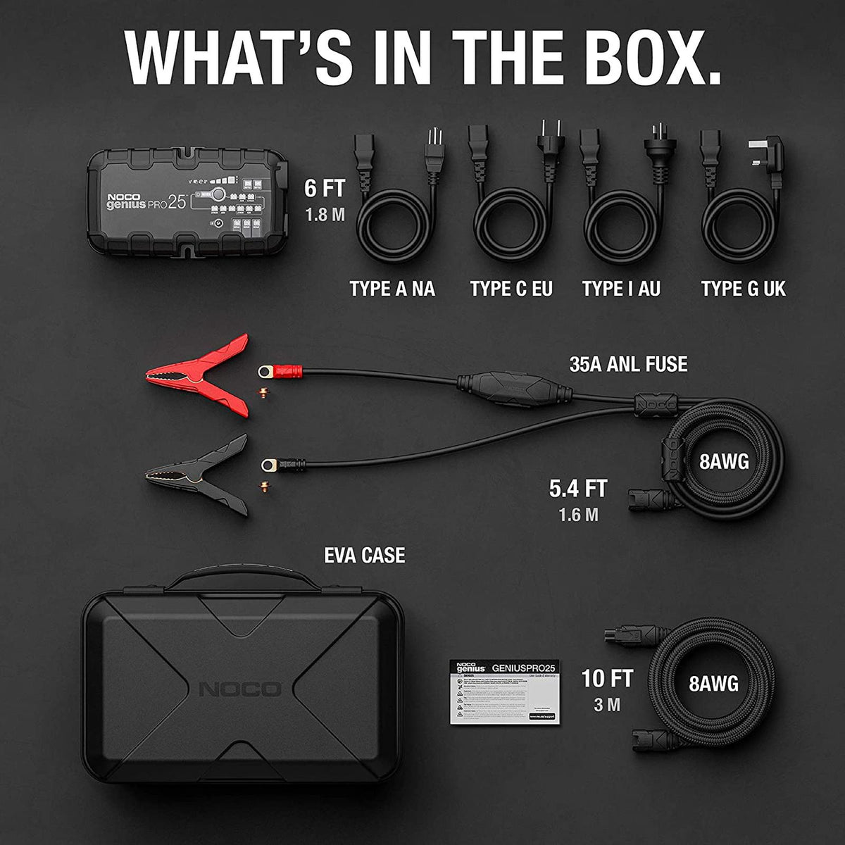 NOCO GENIUSPRO25 battery charger kit with cables, international power adapters, battery clamps, and a protective EVA carrying case.