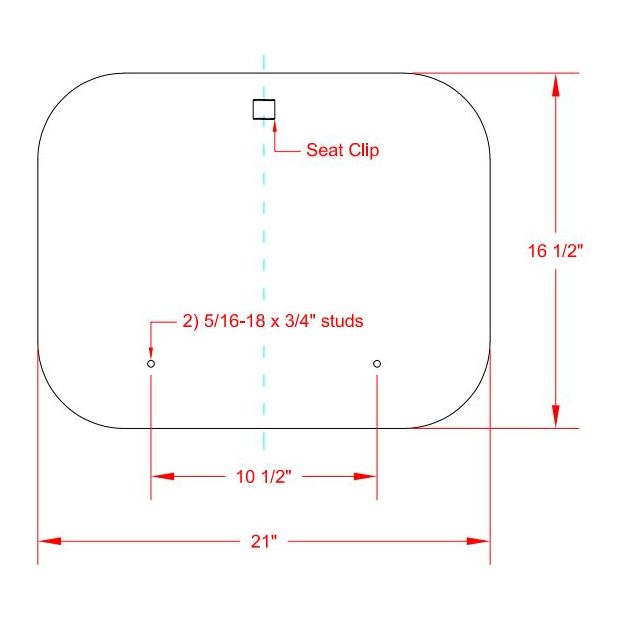 Technical diagram of a tractor seat backrest with 21 by 16.5 inch dimensions and 5/16 inch mounting studs.