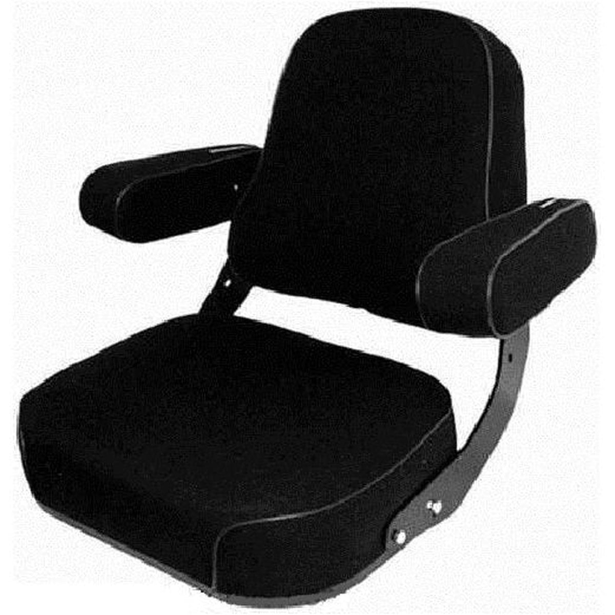Black deluxe tractor seat assembly with thick contoured cushions, steel core backrest, and fold-up armrests for International.