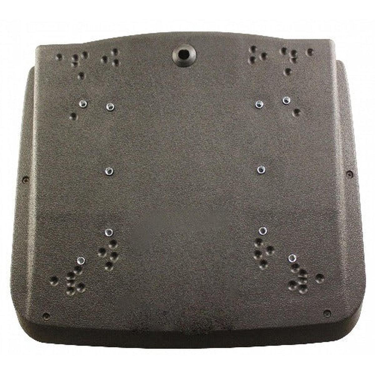 Black molded plastic tractor seat bottom with a central drain hole and multiple mounting points for equipment installation.
