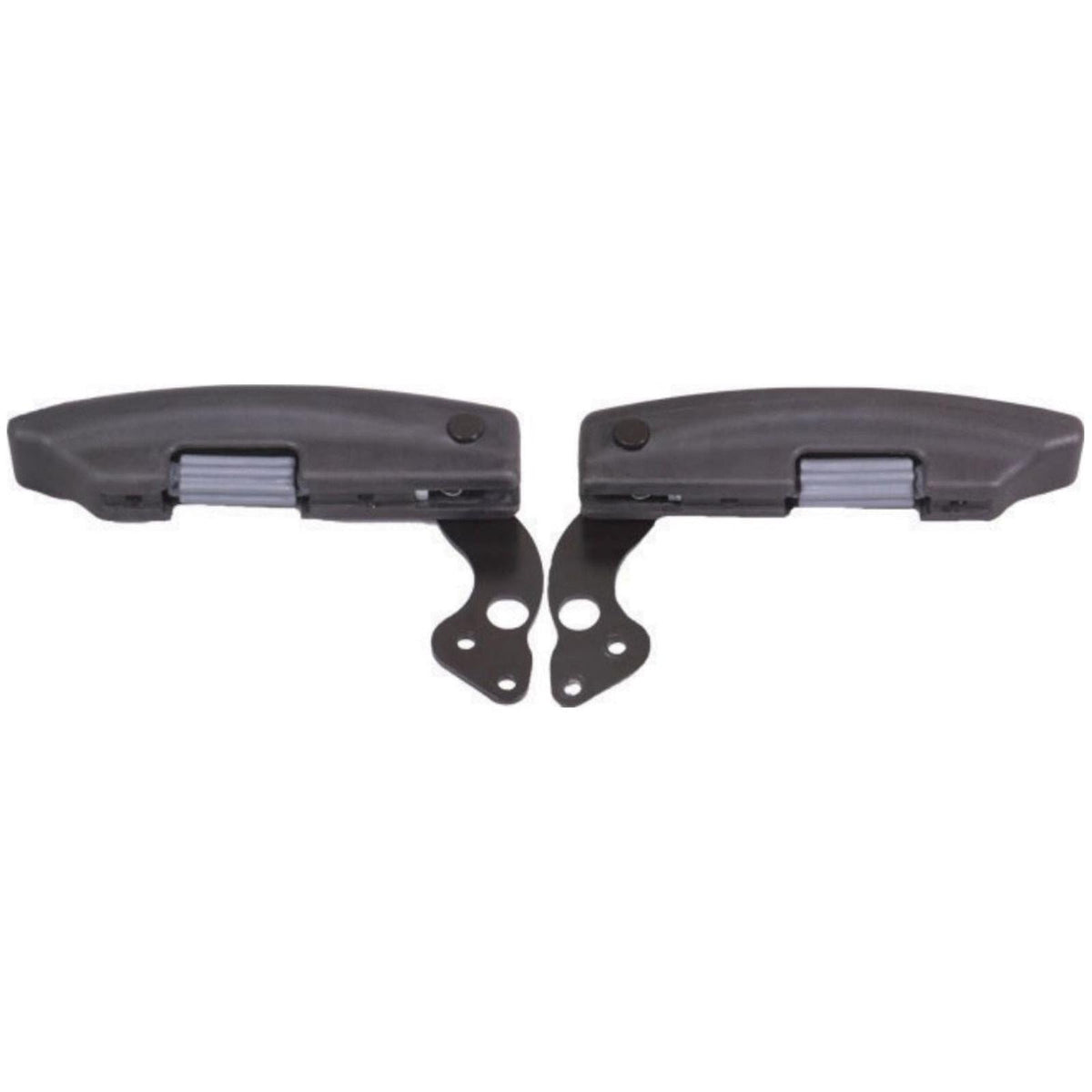 Adjustable black plastic armrest kit for suspension seats, featuring left and right foldable armrests with metal mounting brackets.