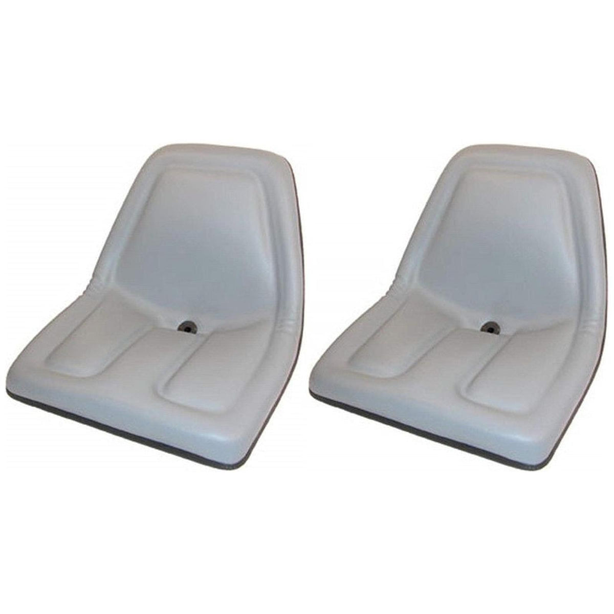 Two grey Michigan-style vinyl tractor mower seats with contoured foam cushions and central drain holes on a white background.