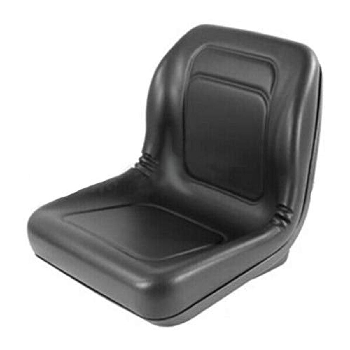 Black high-back tractor seat with contoured vinyl cushions and a durable one-piece plastic pan for utility vehicles.