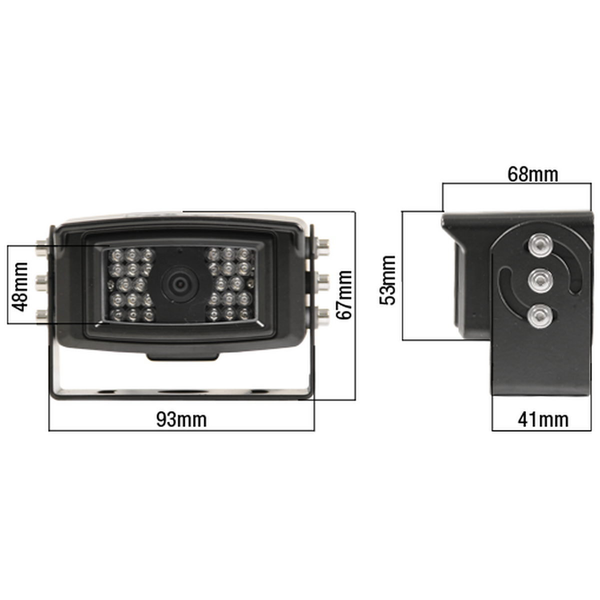 Black waterproof CabCAM observation camera with infrared LEDs, mounting bracket, and technical dimension labels.