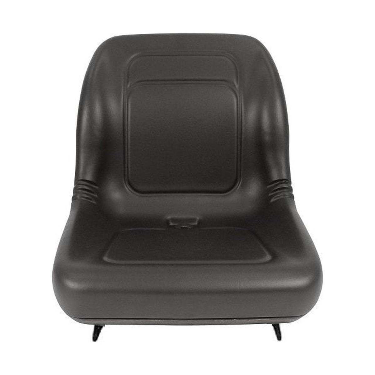 Black high-back tractor seat with contoured vinyl cushions and mounting brackets for compact mowers.