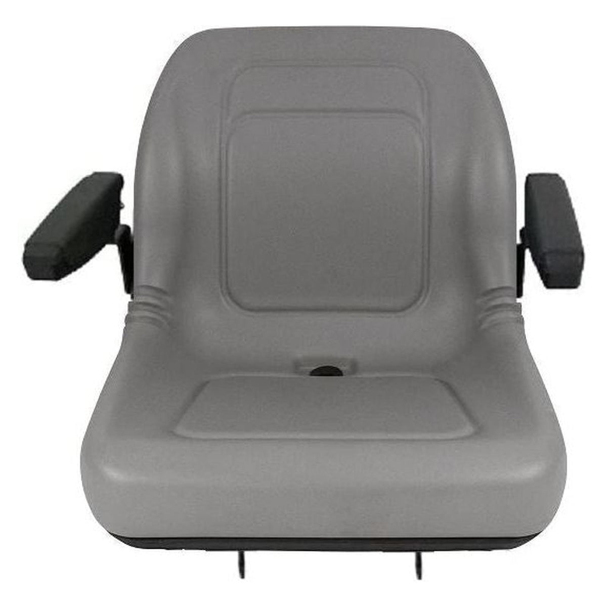 Gray vinyl bucket seat for compact tractors with black padded armrests, integrated drain hole, and flip-style mounting brackets.