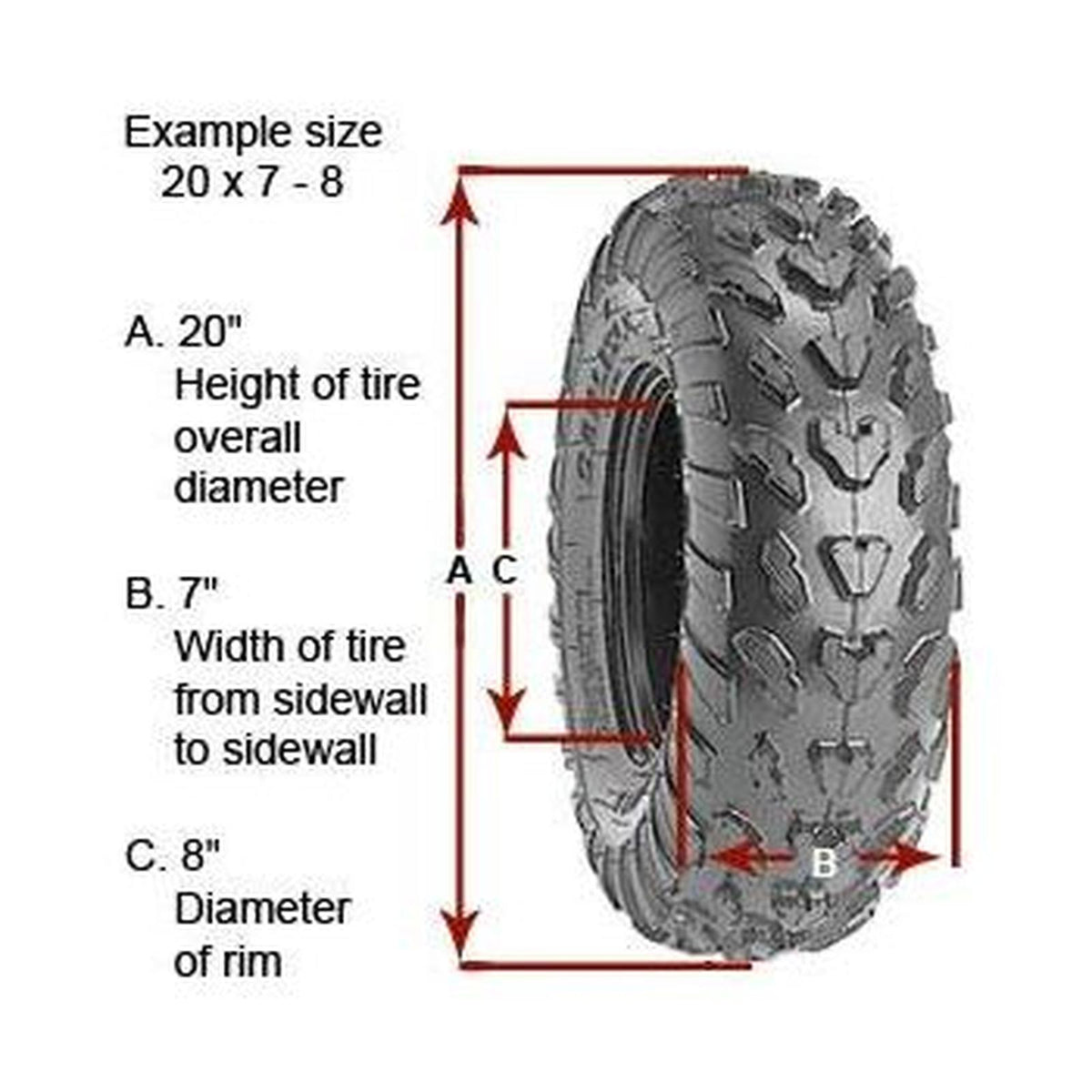 Carlisle Stryker ATV/UTV tire diagram showing tread pattern, sidewall, and measurement labels for diameter and rim width.