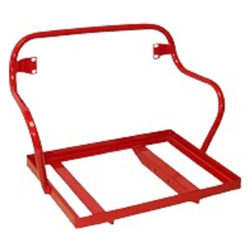 Red metal tractor seat cushion frame with mounting brackets for International and John Deere tractors.