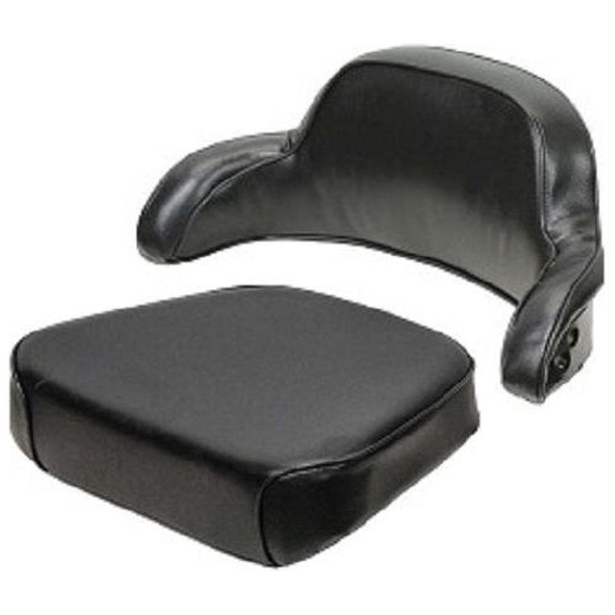 Two-piece black vinyl tractor seat cushion set with contoured backrest for John Deere equipment.