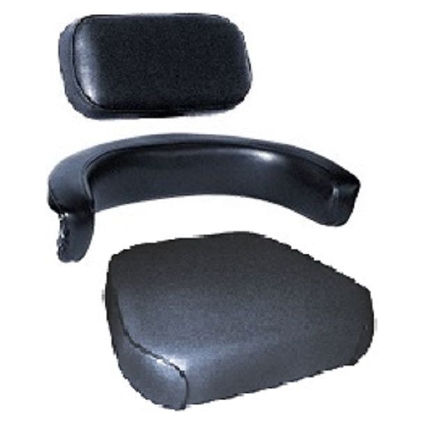Three-piece black vinyl tractor seat cushion set with wood backing for Ford tractors.