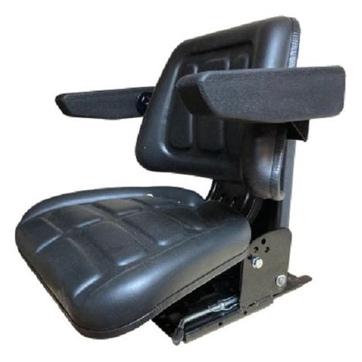 Black heavy-duty tractor seat with suspension, trapezoidal backrest, and adjustable flip-up armrests on a metal slide track.