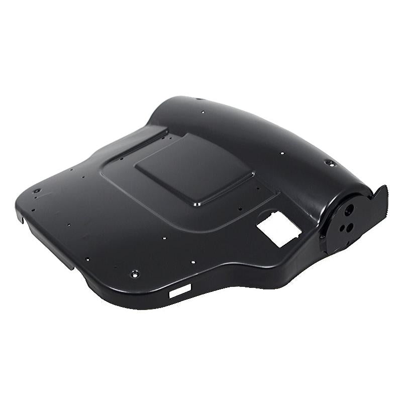 Black steel backrest panel for Grammer seats with pneumatic lumbar support recess and integrated recline lock bracket.