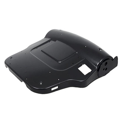 Black steel backrest panel for Grammer seats with pneumatic lumbar support recess and integrated recline lock bracket.