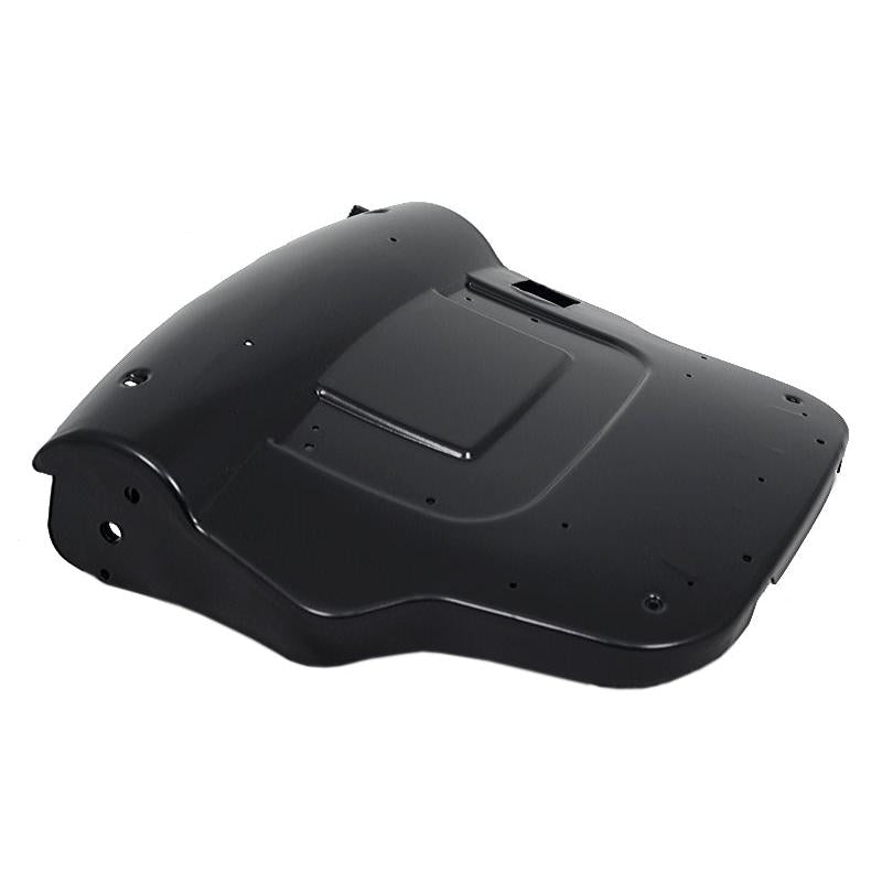 Black steel backrest panel for Grammer tractor seats with pneumatic lumbar support recess and reinforced tube design.