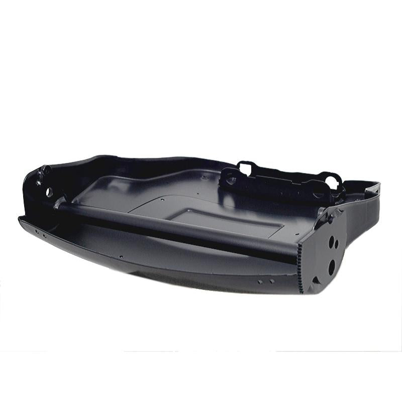 Black steel backrest panel for Grammer seats with pneumatic lumbar support recess and reinforced tube design.