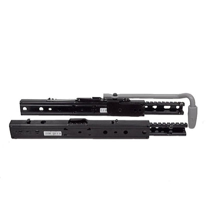 Black steel seat slide adjustment rails for Grammer suspensions with a grey locking handle and universal mounting holes.