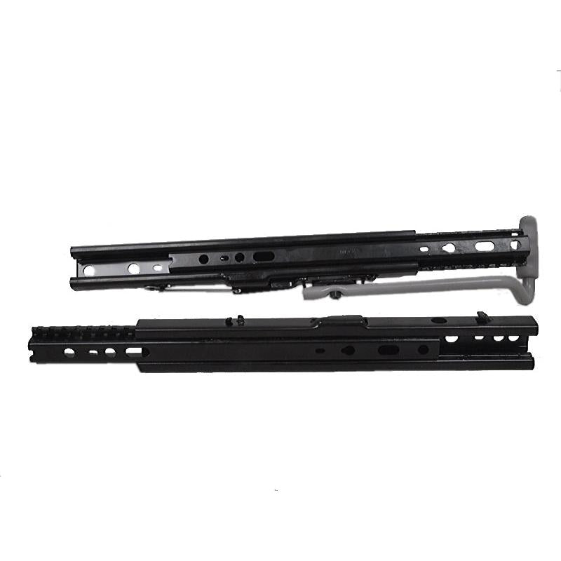 Black powder-coated steel seat slide rails for Grammer suspensions with adjustable handle and universal mounting pattern.