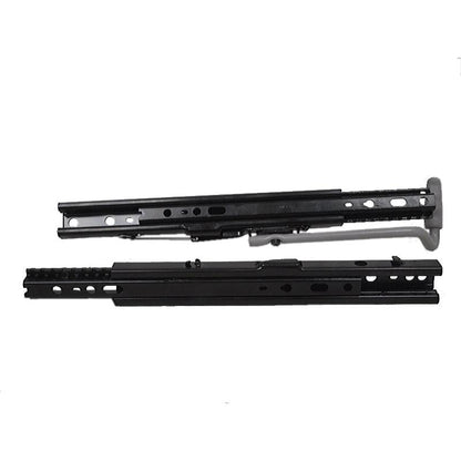Black powder-coated steel seat slide rails for Grammer suspensions with adjustable handle and universal mounting pattern.