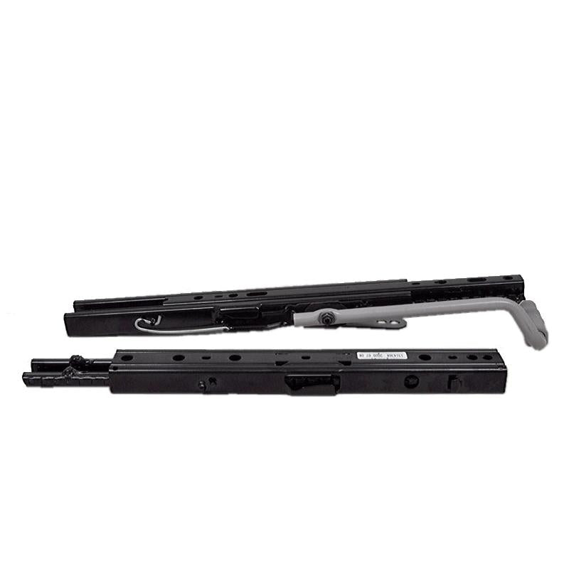 Black powder-coated steel seat slide rails for Grammer suspensions with an adjustable grey handle.