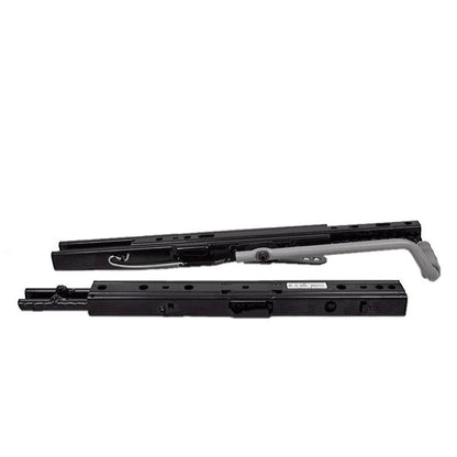 Black powder-coated steel seat slide rails for Grammer suspensions with an adjustable grey handle.