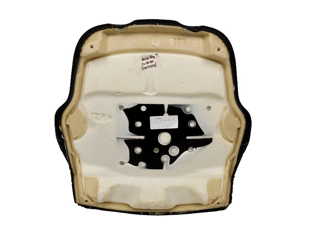 Back view of a black vinyl Grammer seat backrest cushion with a molded foam frame and central mounting plate.