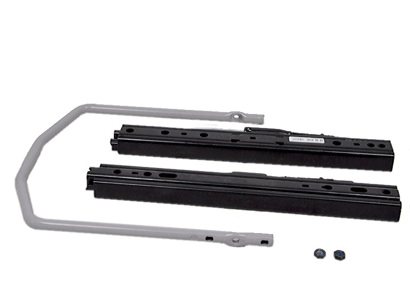 Black steel seat slide rails for Grammer seats with a grey adjustable handle and mounting hardware.