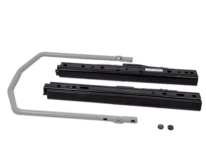 Black steel seat slide rails for Grammer seats with a grey adjustable handle and mounting hardware.