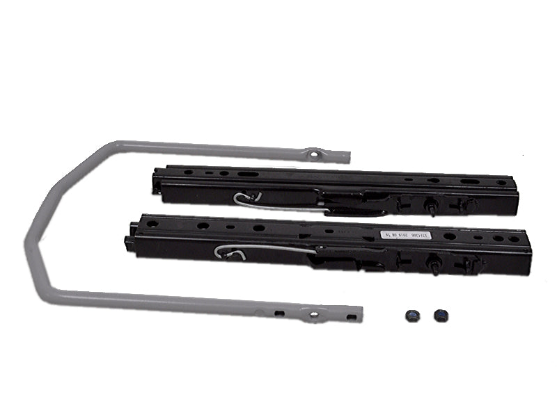 Black steel seat slide track rails with double locking mechanism, adjustable handle, and mounting hardware for Grammer seats.