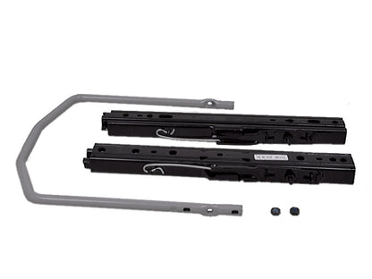 Black steel seat slide track rails with double locking mechanism, adjustable handle, and mounting hardware for Grammer seats.
