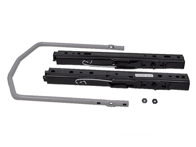 Black steel seat slide rail set for Grammer seats with double locking tracks and a grey adjustable handle.
