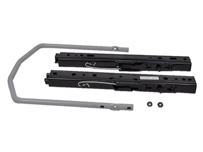 Black steel seat slide rail set for Grammer seats with double locking tracks and a grey adjustable handle.