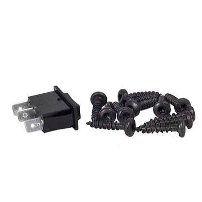 Black plastic heat and A/C rocker switch with metal terminals and a set of black installation screws.