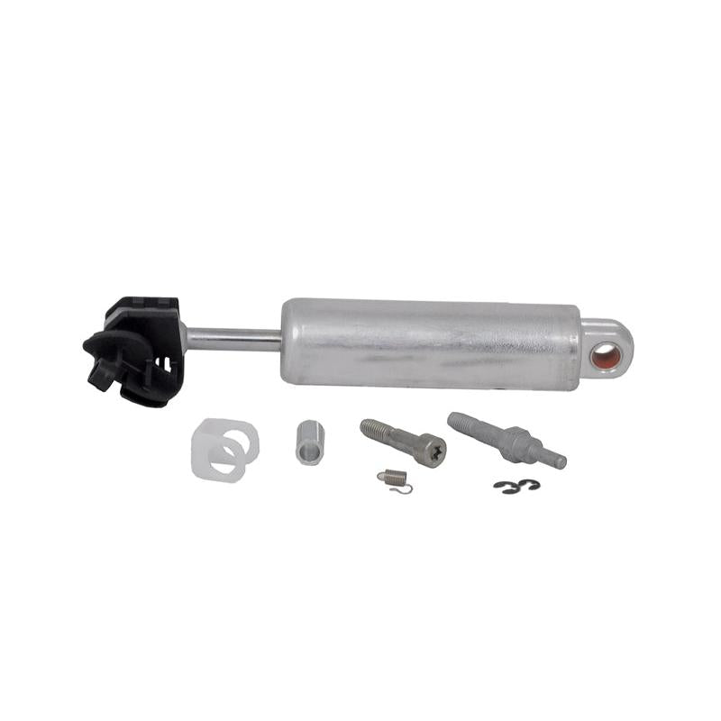 Silver metal seat damper shock absorber with black mounting bracket and included hardware service kit.