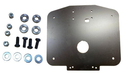 Black powder-coated steel truck seat adapter plate with included mounting hardware and bolts.