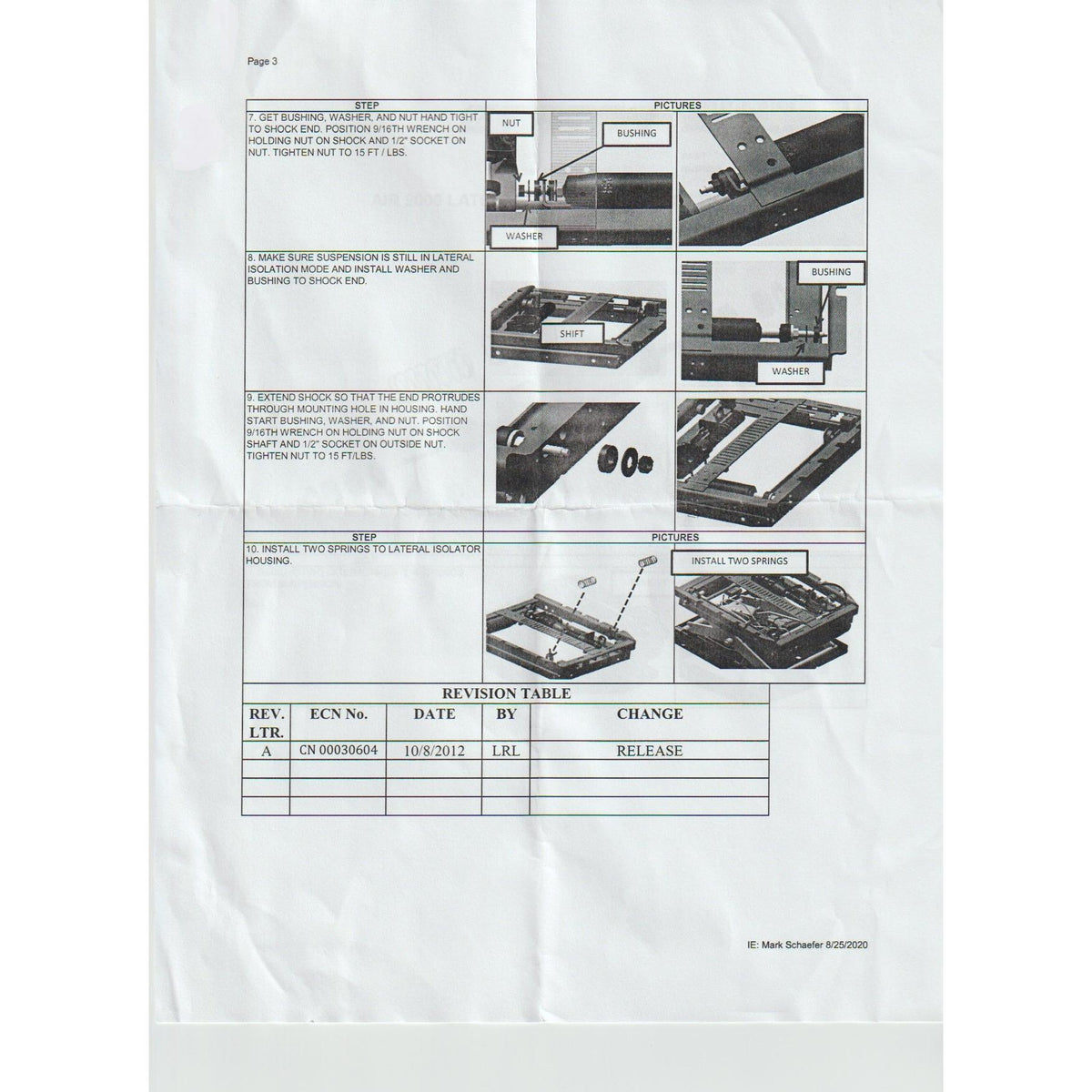 Installation instructions for a Sears tractor seat shock absorber kit featuring diagrams of bushings, washers, and springs.
