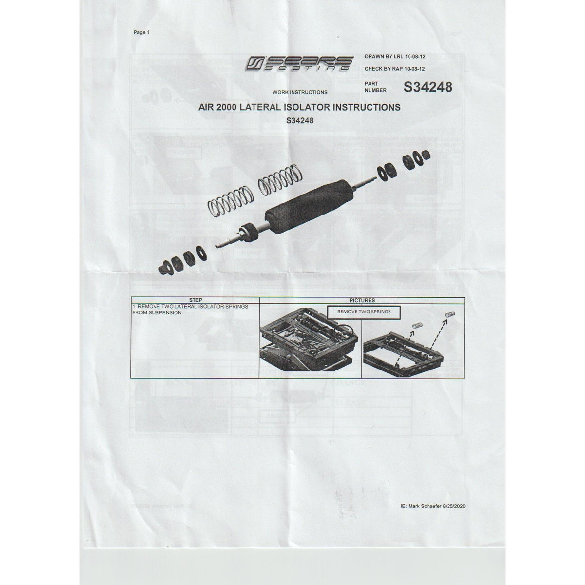 Sears Seating shock absorber and spring installation diagram for tractor suspension seats.