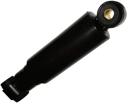 Black metal tractor seat suspension shock absorber with rubber bushings for John Deere equipment.