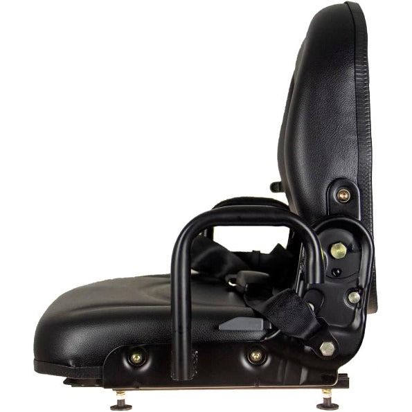 Black high-back vinyl tractor seat with adjustable backrest, armrests, and seat belt for forklifts and lawn mowers.