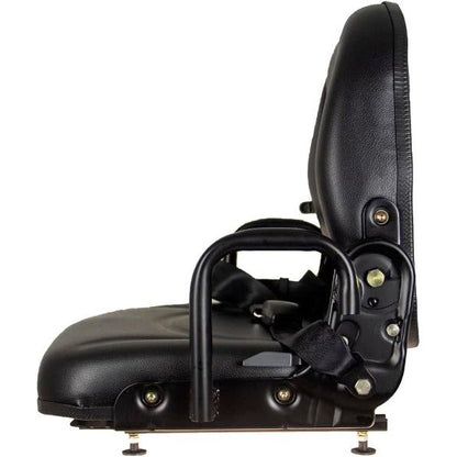 Black high-back vinyl tractor seat with adjustable backrest, armrests, and seat belt for forklifts and lawn mowers.