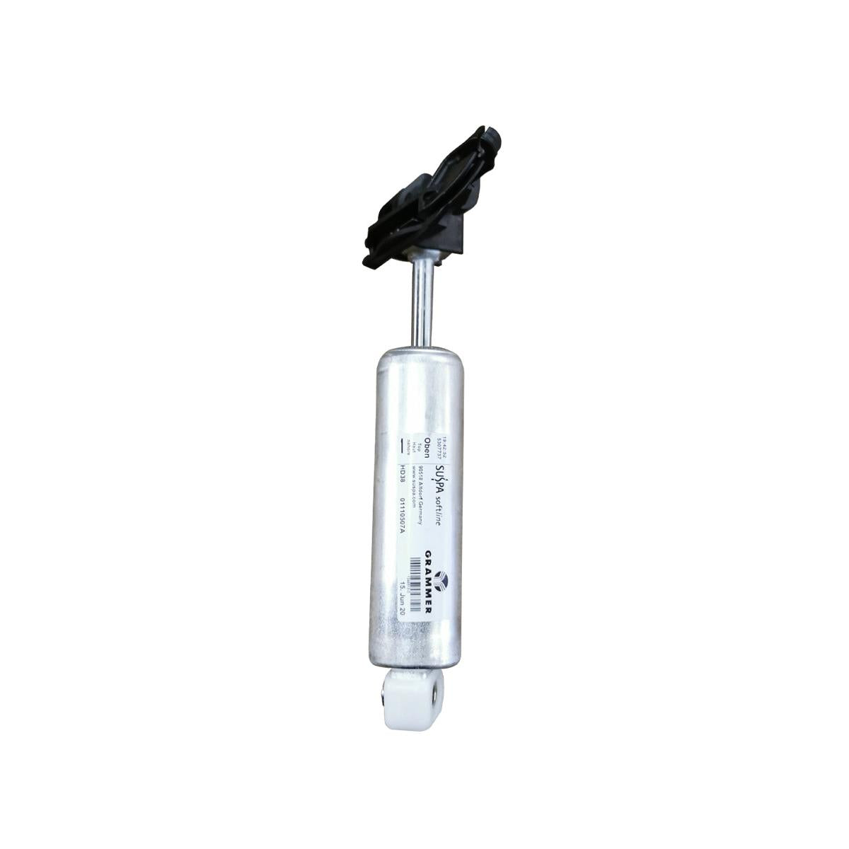 Silver metal Grammer MSG115 seat damper shock absorber with black mounting bracket and white bushing.