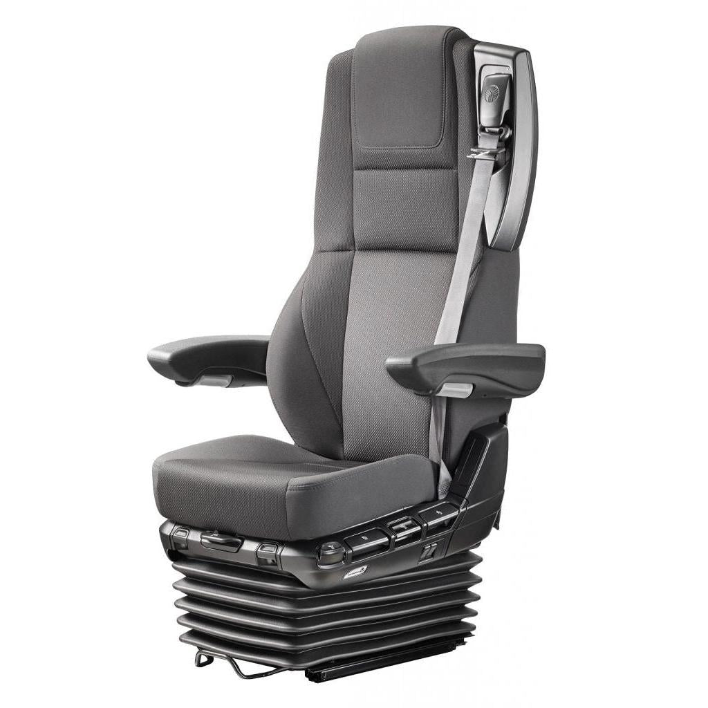 Gray Grammer MSG115 truck seat with integrated seatbelt, adjustable armrests, and black accordion-style suspension base.