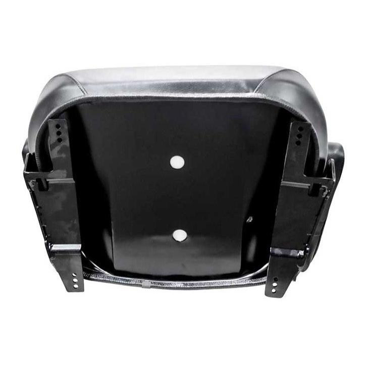 Black vinyl tractor seat assembly with steel frame, fold-up armrests, and mounting brackets for Case and Massey Ferguson.