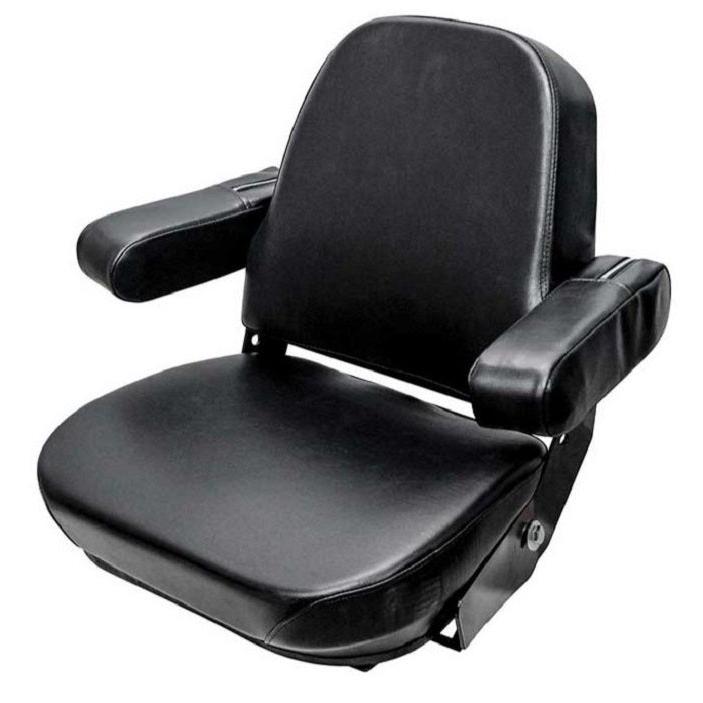 Black tractor seat assembly with fold-up armrests, durable vinyl upholstery, and steel frame for Case and Massey Ferguson.
